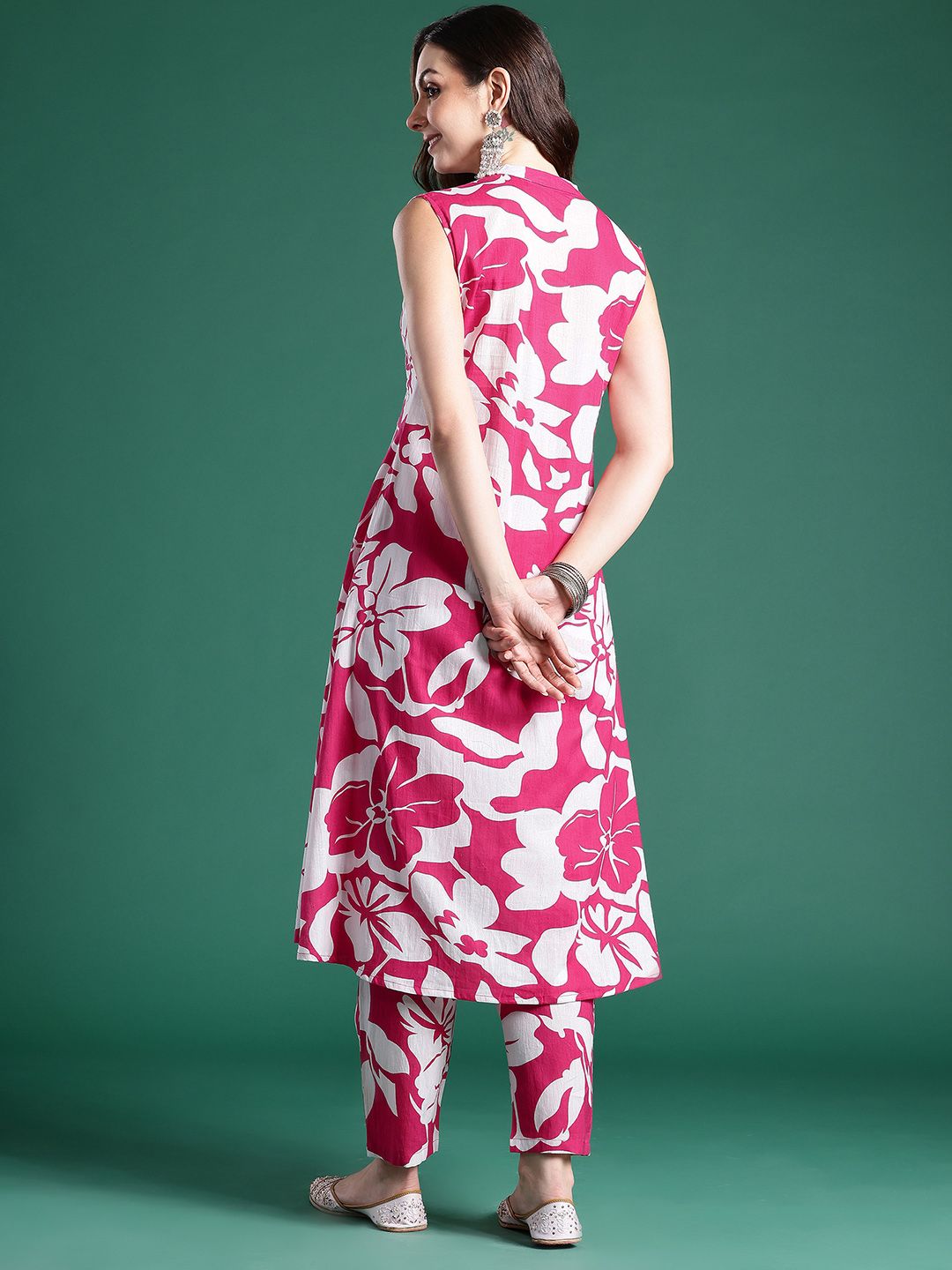 Floral Printed Pleated Pure Cotton Kurta with Trousers