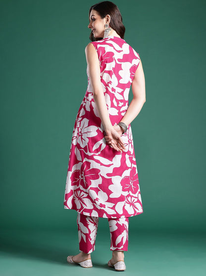 Floral Printed Pleated Pure Cotton Kurta with Trousers