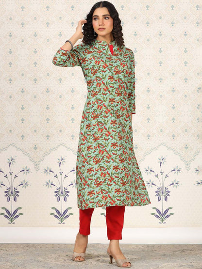 Dhiyona OD  Green Floral Printed Straight Kurta
