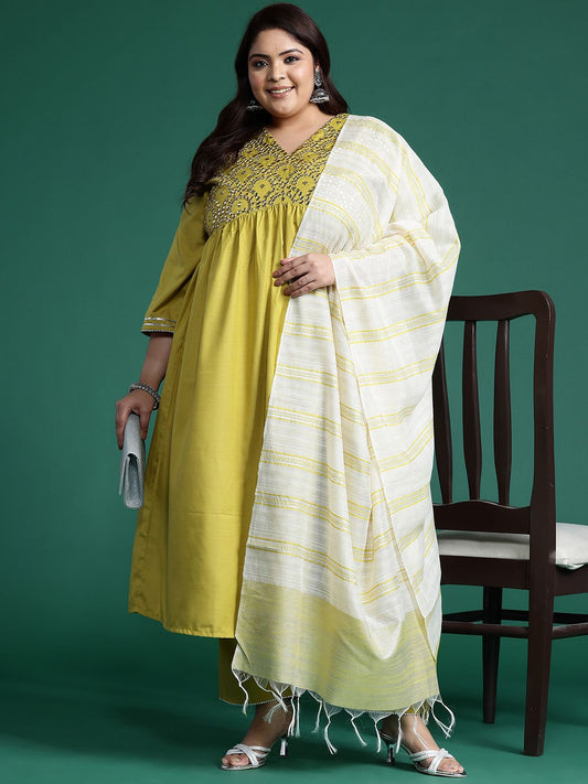 Dhiyona IE Plus Size Embroidered Empire Mirror Work Kurta With Trousers & Dupatta