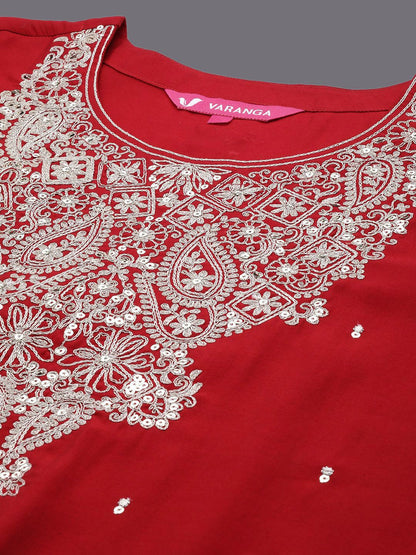 Dhiyona VA Women'sFloral Embroidered Sequinned A-Line Kurta with Trousers with Dupatta