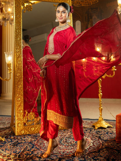 Dhiyona IE Women Ethnic Motifs Embroidered Regular Sequinned Kurta with Trousers & With Dupatta
