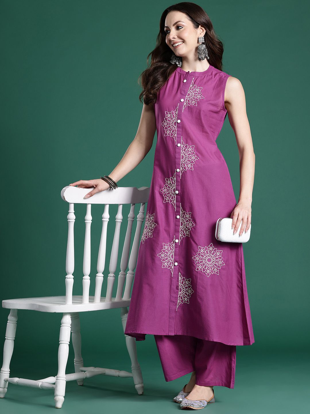 Dhiyona IE Floral Embroidered Thread Work Pure Cotton Kurta with Palazzos