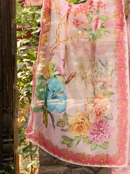 V Neck Floral Embroidered Panelled A Line Kurta with Trouser & Dupatta