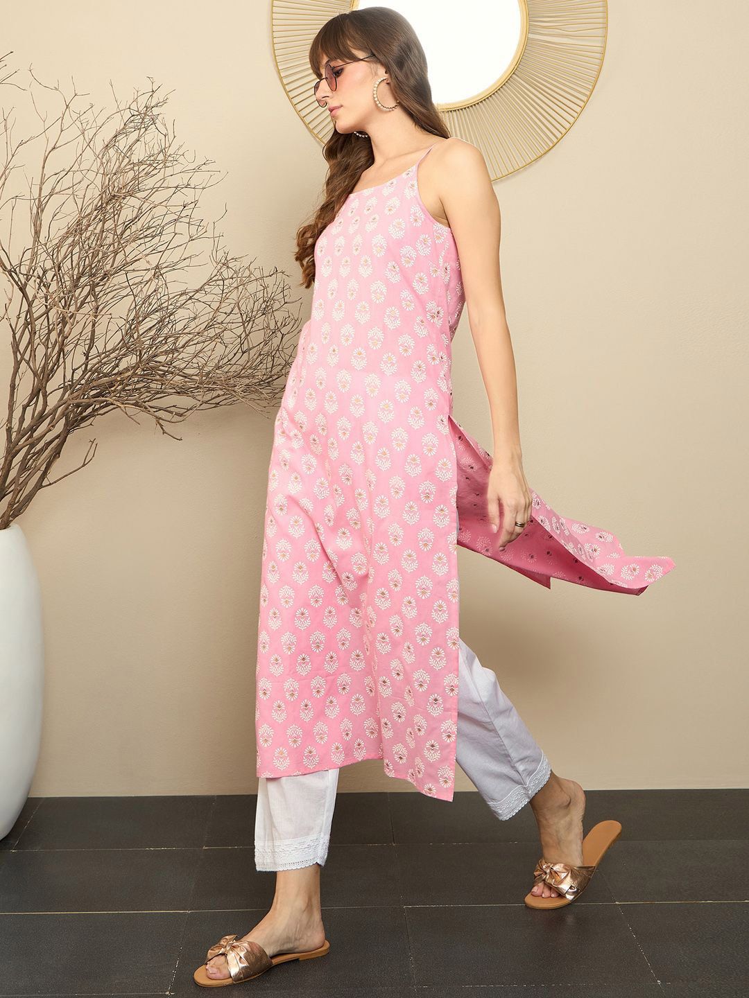 Dhiyona IE Ethnic Motifs Printed Shoulder Straps Pure Cotton Straight Kurta