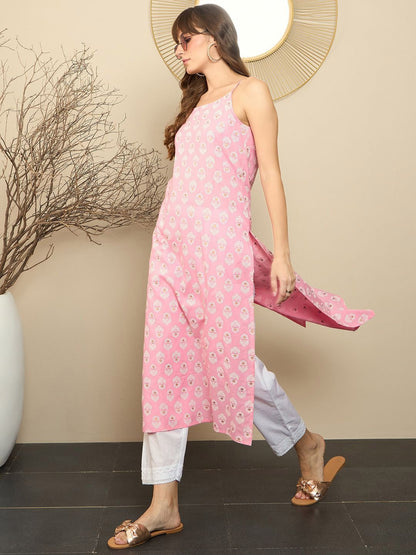 Dhiyona IE Ethnic Motifs Printed Shoulder Straps Pure Cotton Straight Kurta