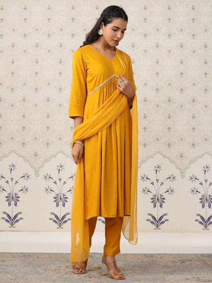 Dhiyona OD  Geometric Printed Pleated Kurta & Trousers With Dupatta