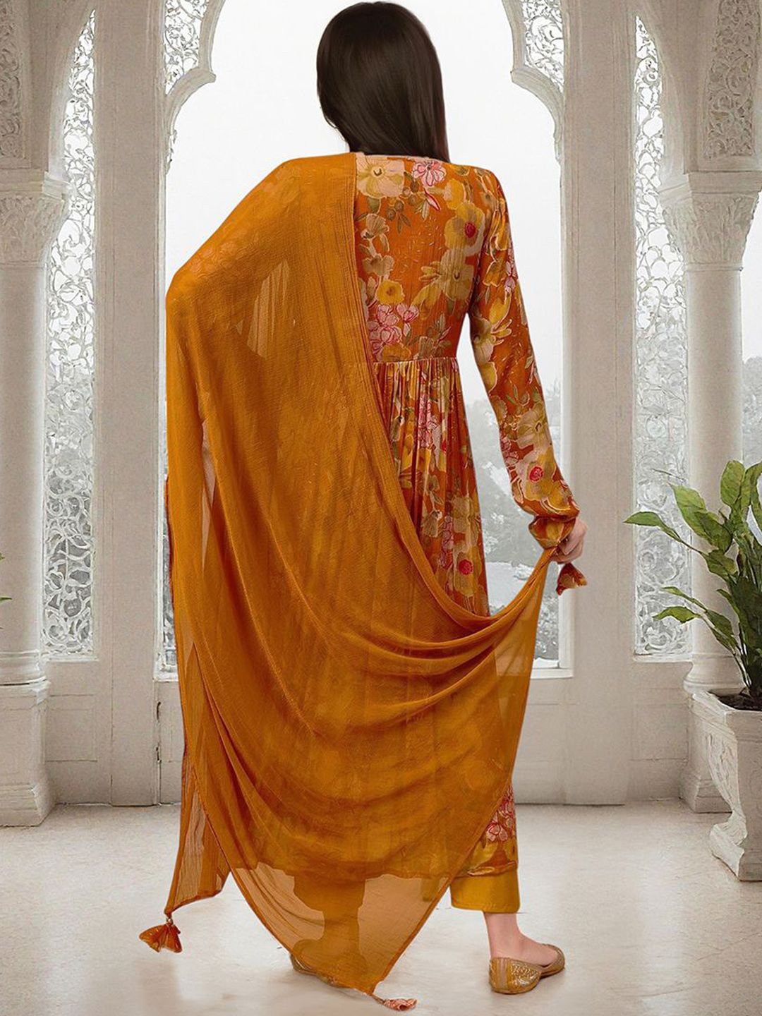 Dhiyona IS Women's Floral Printed Sequinned Angrakha Straight Kurta with Trousers & Dupatta