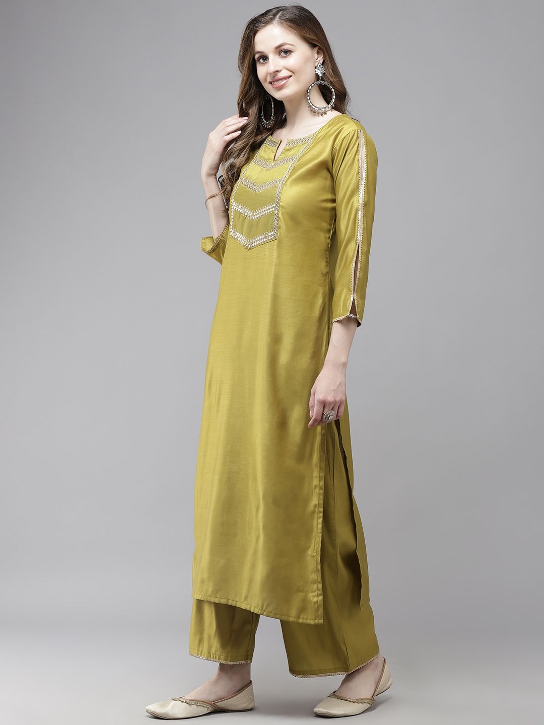 Dhiyona IE Women Olive Green Regular Liva Kurta with Trousers & With Dupatta