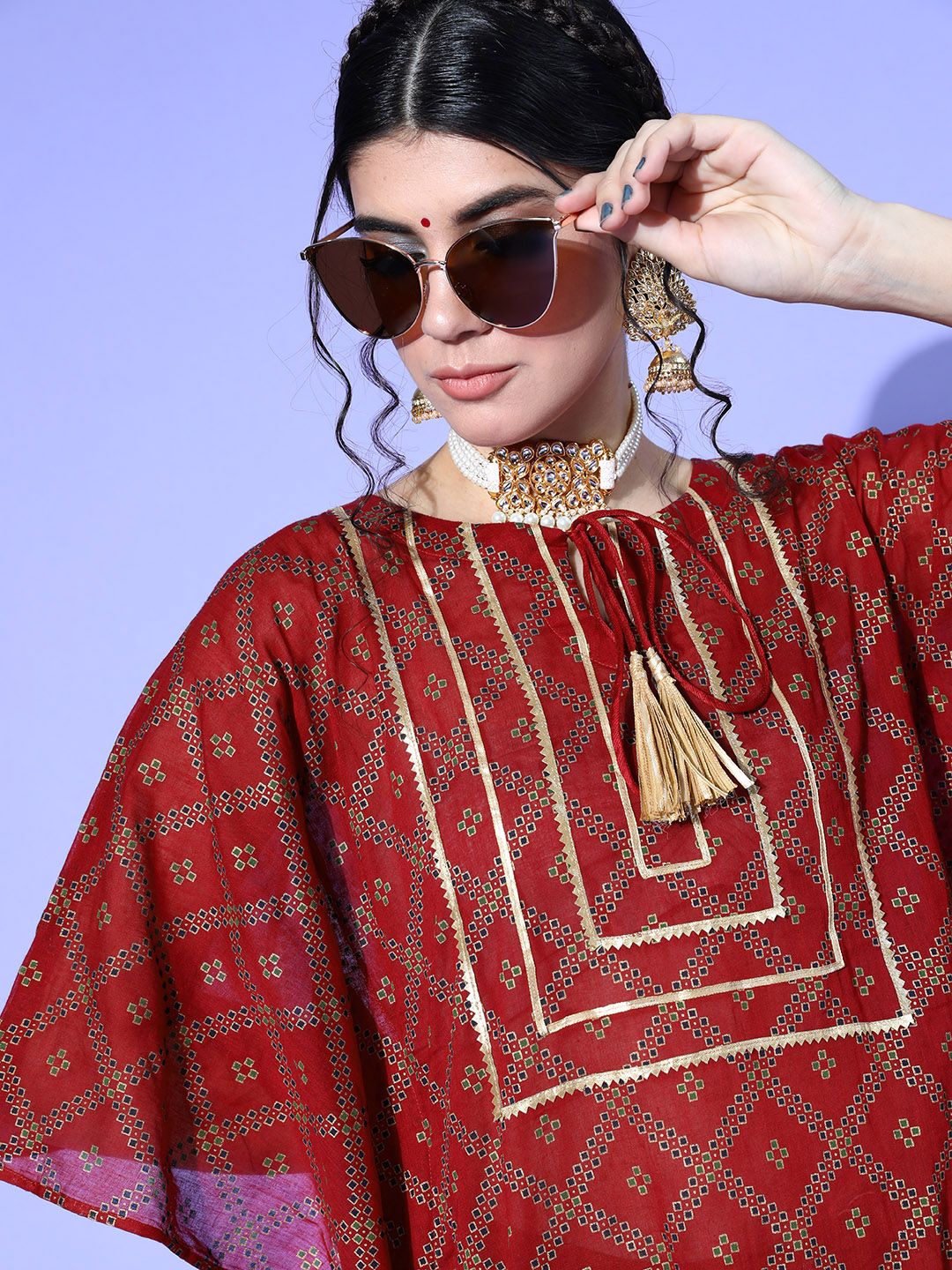 Dhiyona IE Women Maroon & Navy Blue Cotton Geometric Printed Extended Sleeves Kaftan Kurta