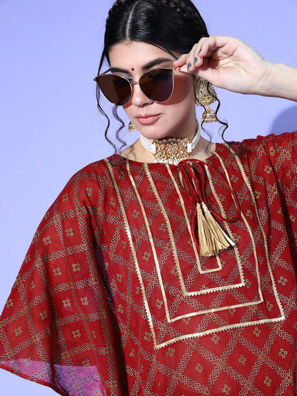 Dhiyona IE Women Maroon & Navy Blue Cotton Geometric Printed Extended Sleeves Kaftan Kurta