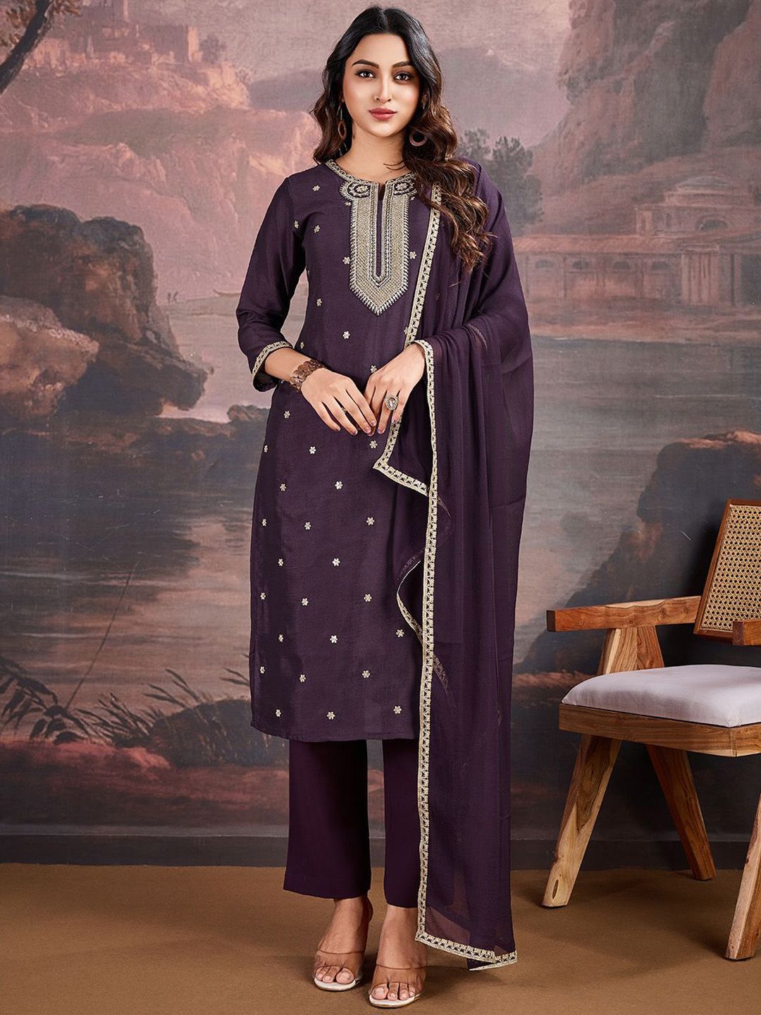 Dhiyona PD Women Ethnic Motifs Embroidered Sequinned Straight Kurta & Trouser With Dupatta