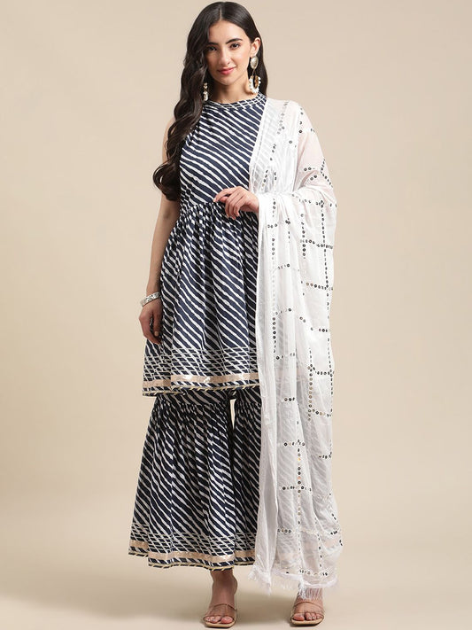 Dhiyona VA Women's Navy Blue Striped Empire Sequinned Kurta with Sharara & With Dupatta