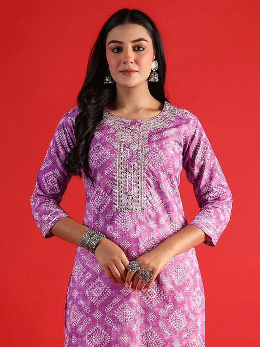 Dhiyona IE Bandhani Printed Round Neck Long Sleeves Straight Cotton Kurta