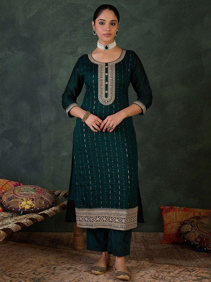 Women Ethnic Motifs Regular Sequinned Kurta with Trousers & With Dupatta