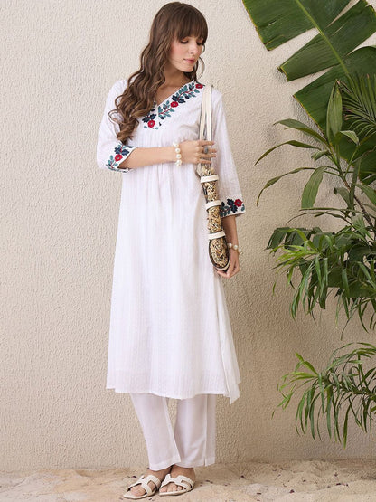 Dhiyona IE Floral Yoke Design V-Neck Thread Work Pure Cotton A-Line Kurta With Trouser