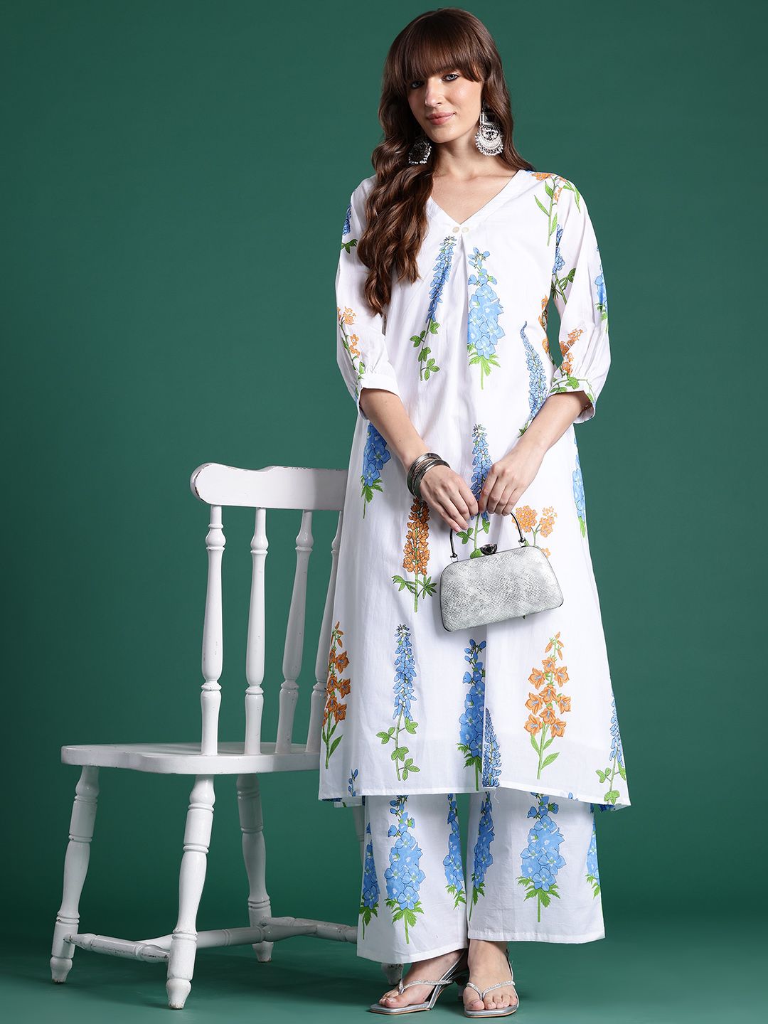 Dhiyona IE Floral Printed Regular Pure Cotton Kurta with Trousers