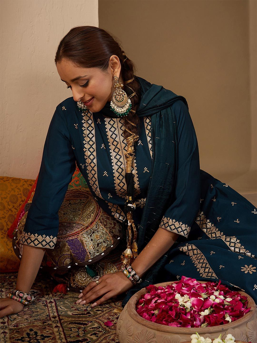 Dhiyona IE Women Ethnic Motifs Embroidered Regular Sequinned Kurta with Trousers & With Dupatta