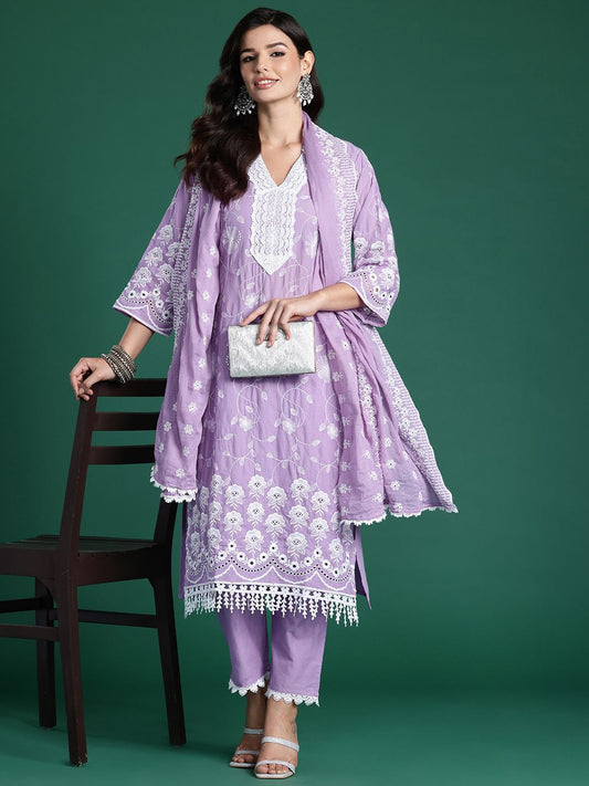 Dhiyona IE Floral Embroidered Thread Work Pure Cotton Kurta With Trousers & Dupatta