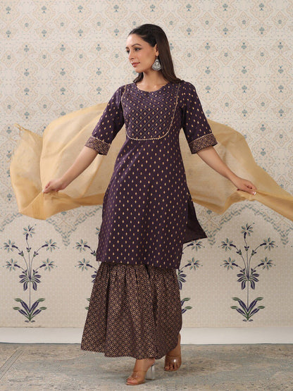Dhiyona OD  Purple Floral Printed Pure Cotton Kurta With Sharara & Dupatta