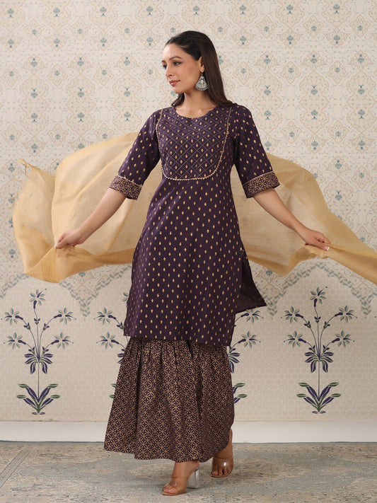 Dhiyona OD  Purple Floral Printed Pure Cotton Kurta With Sharara & Dupatta