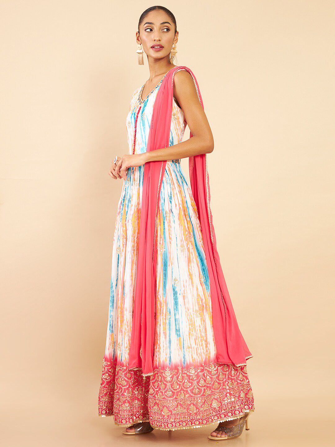 Dhiyona SO Women's Women Red Embroidered Sequinned Pure Silk Kurta Churidar & With Dupatta