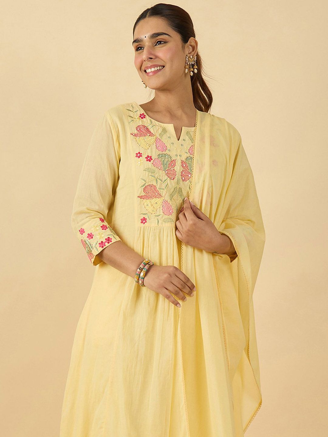 Women Floral Embroidered Cotton Kurta with Trousers & Dupatta