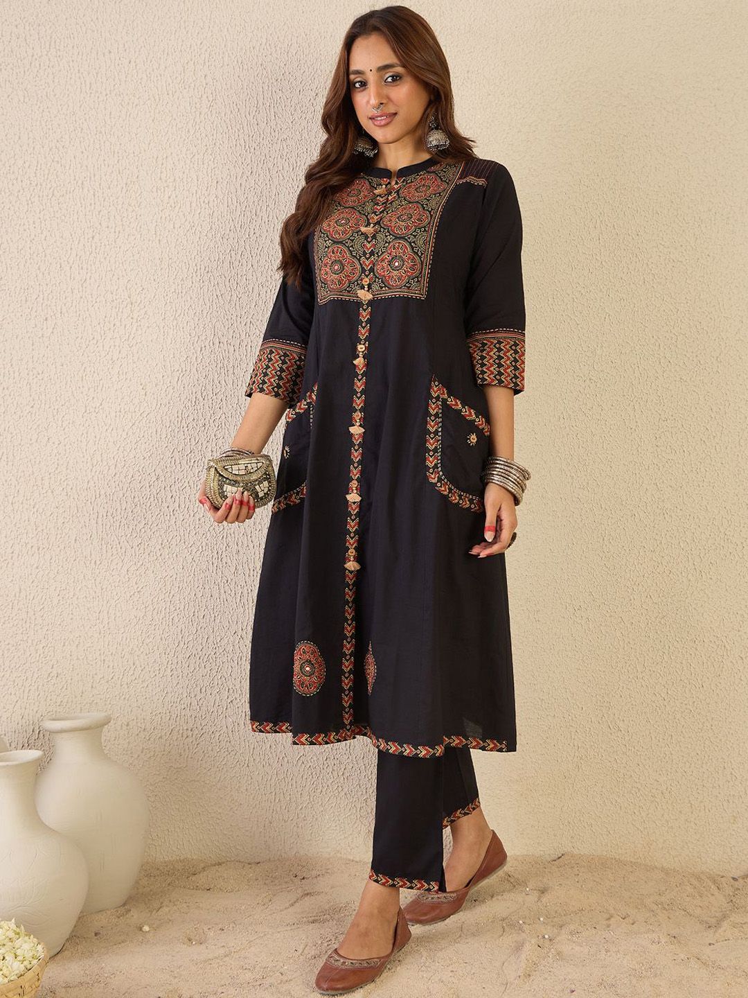 Ethnic Motifs Printed Mandarin Collar A Line Pure Cotton Kurta With Trousers