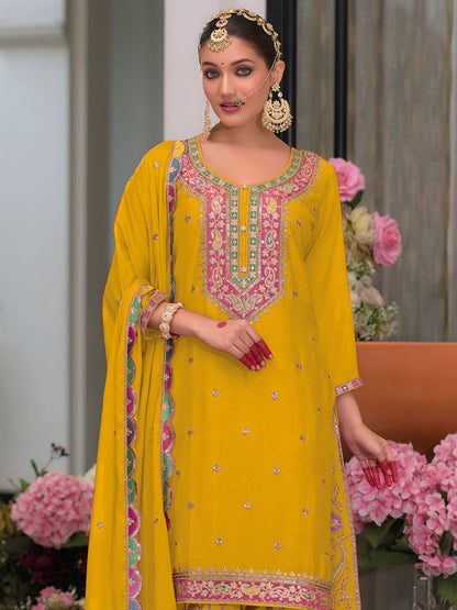 Dhiyona IE Ethnic Motifs Embroidered Round Neck Zari Straight Kurta With Palazzos & Dupatta