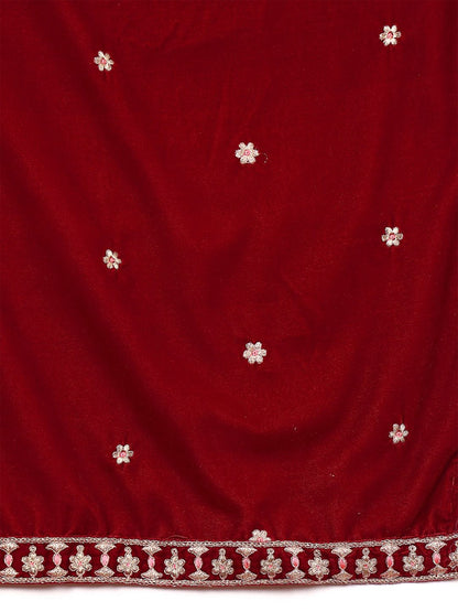 Dhiyona VA Women'sMaroon Floral Yoke Design Sequinned Velvet Straight Kurta with Trousers & Dupatta