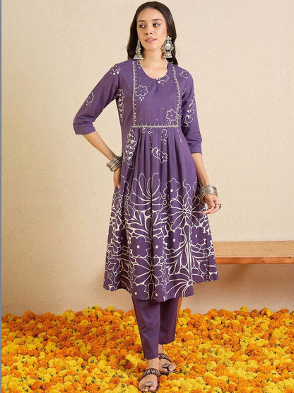 Women Ethnic Motifs Printed Regular Beads and Stones Pure Cotton Kurta with Trousers & With Dupatta