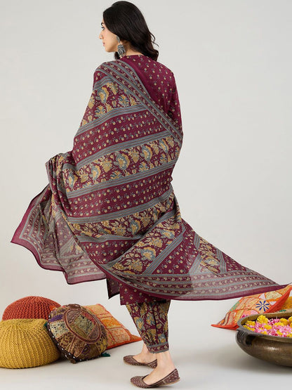 Dhiyona IE Burgundy Floral Printed Mandarin Collar Pure Cotton Kurta with Salwar & Dupatta