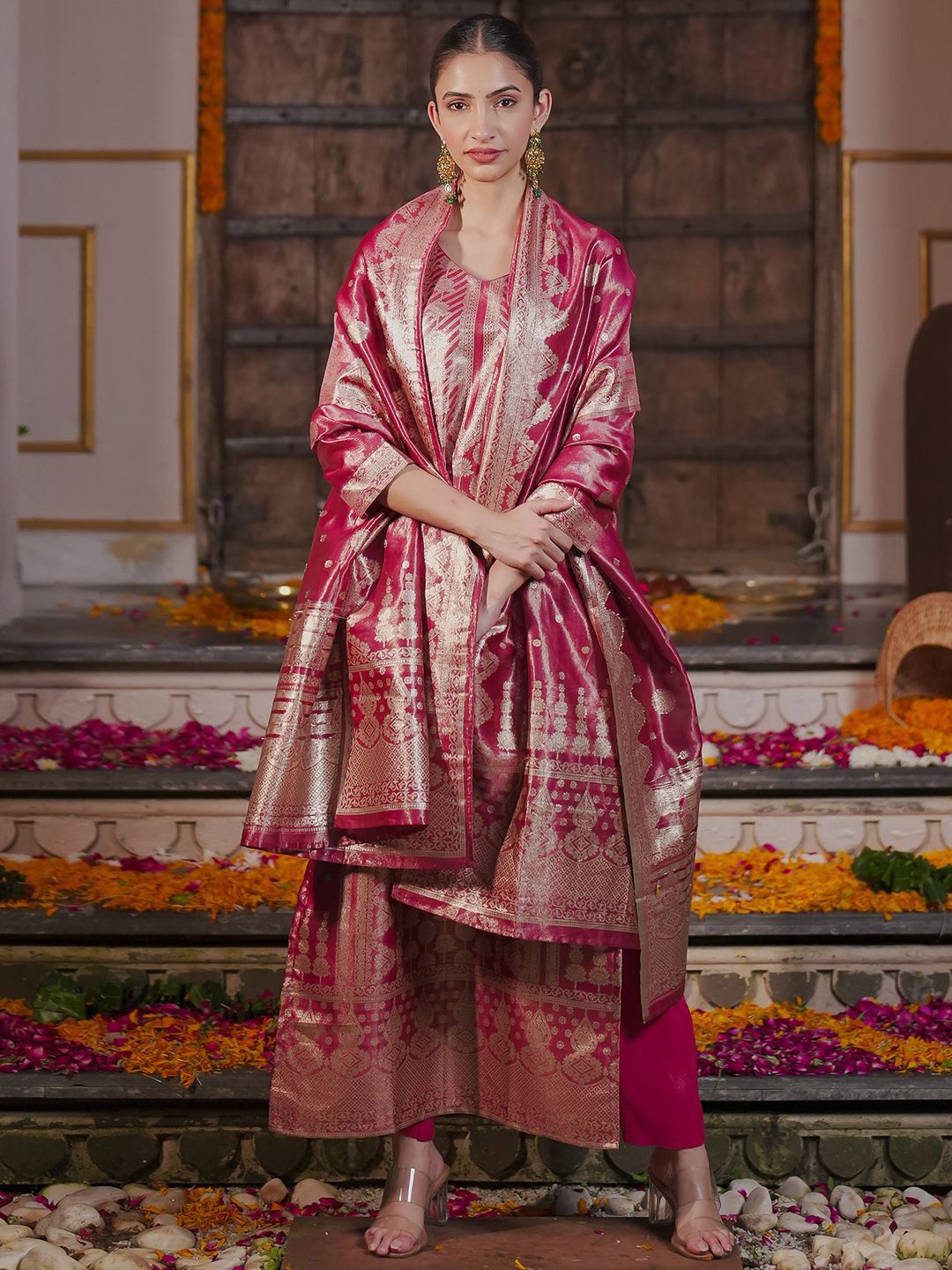 Ethnic Motifs Woven Design Straight Kurta with Trousers & With Dupatta