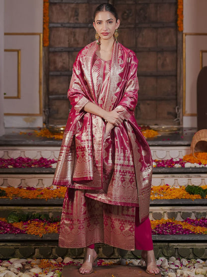 Ethnic Motifs Woven Design Straight Kurta with Trousers & With Dupatta