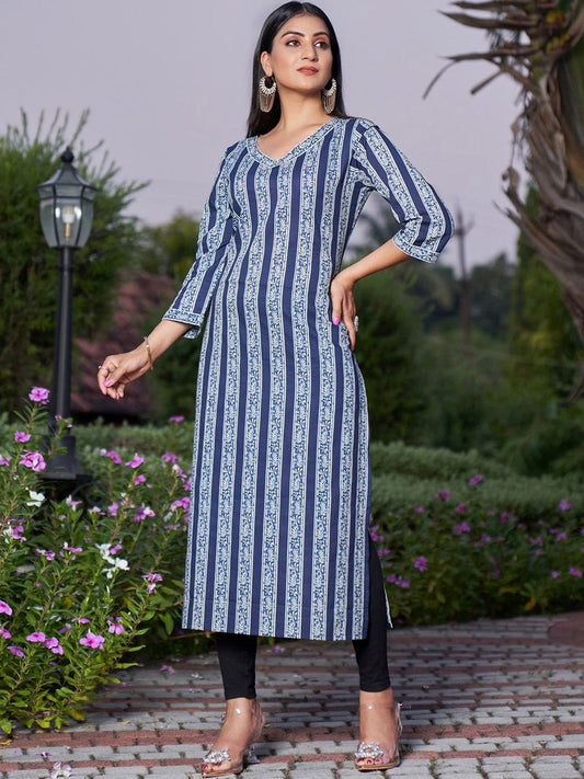 Dhiyona IE Blue Striped V-Neck Pure Cotton Straight Kurta