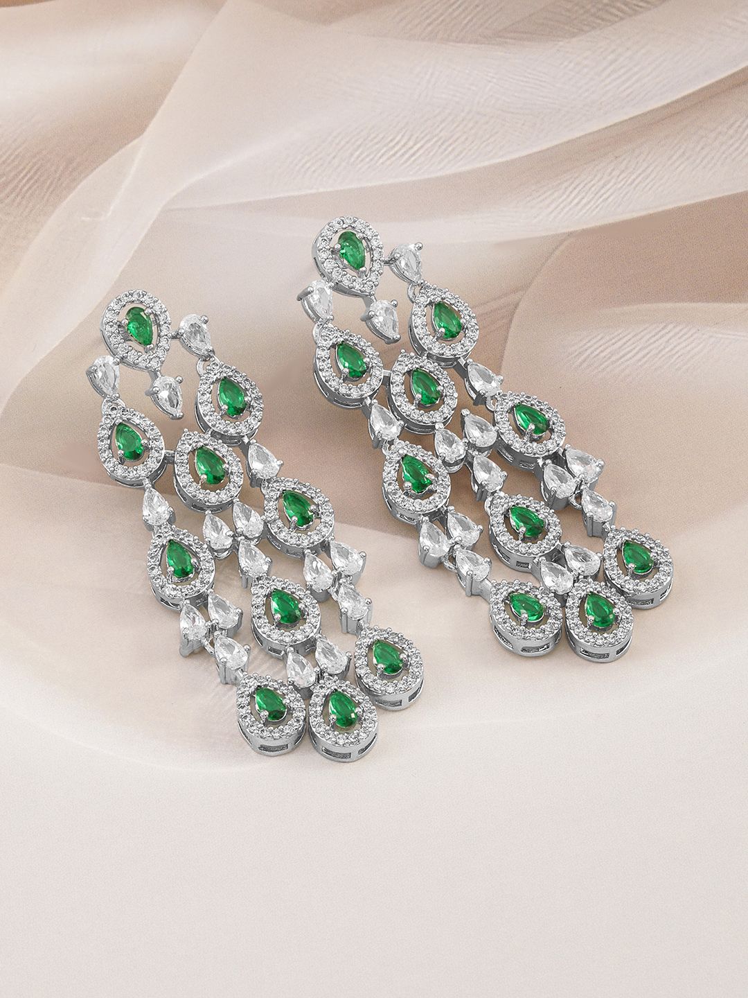 Dhiyona RJ Women's Rhodium-Plated Emerald Green & White Cubic Zirconia Premium Chandelier Earrings