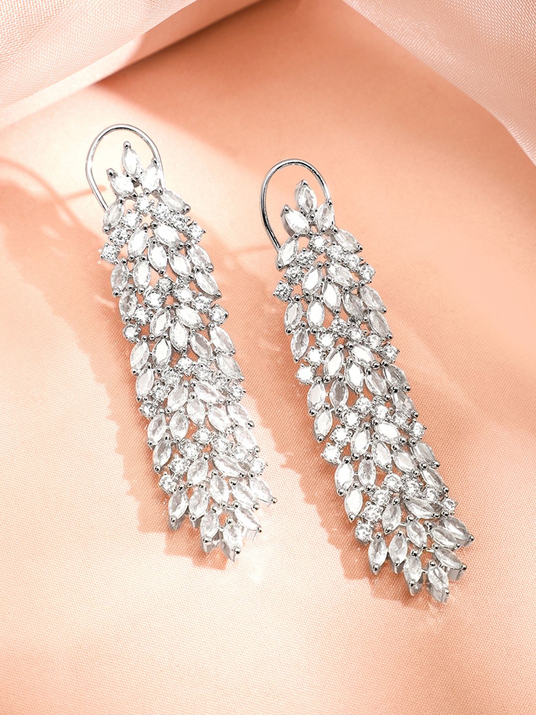 Dhiyona RJ Women's Silver-Plated AAA Cubic Zirconia Studded Premium Long Drop Earrings