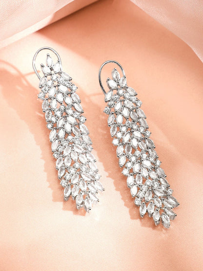 Dhiyona RJ Women's Silver-Plated AAA Cubic Zirconia Studded Premium Long Drop Earrings