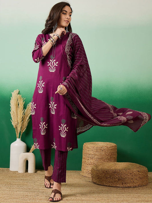 Dhiyona SN Women's Printed Pure Cotton Straight Kurta With Trousers & Dupatta