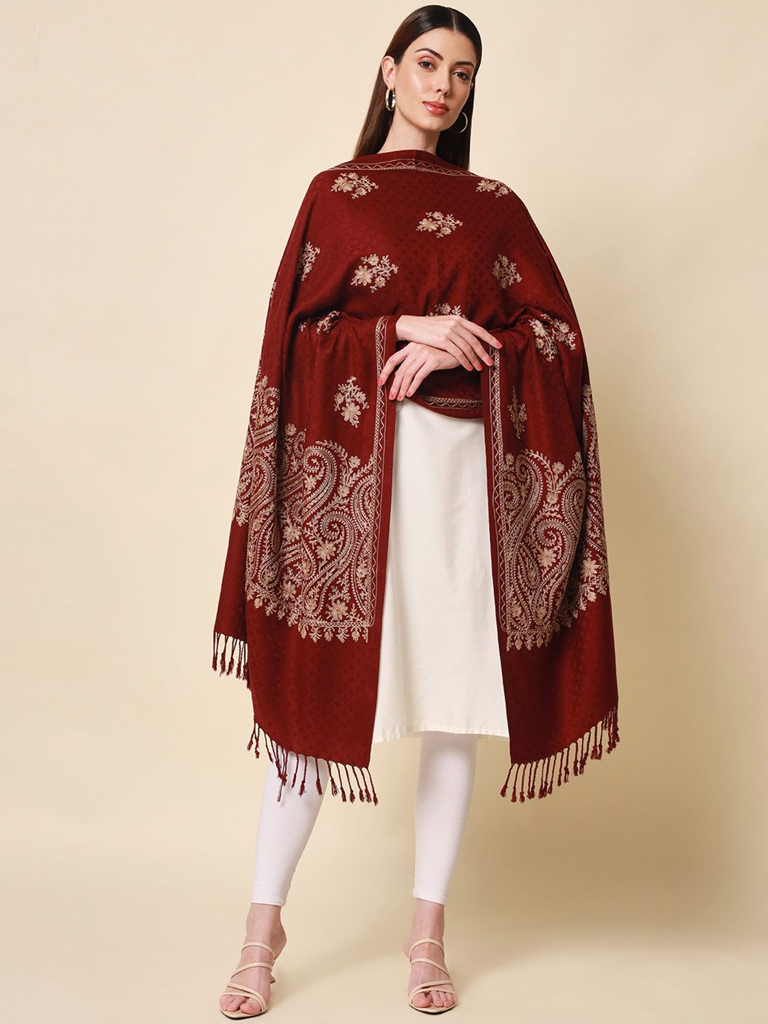 Dhiyona PA Women Wine Aari Embroidered Shawl