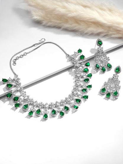 Dhiyona RJ Women's Rhodium Plated Emerald Green & White Cubic Zirconia Studded Statement Jewellery Set