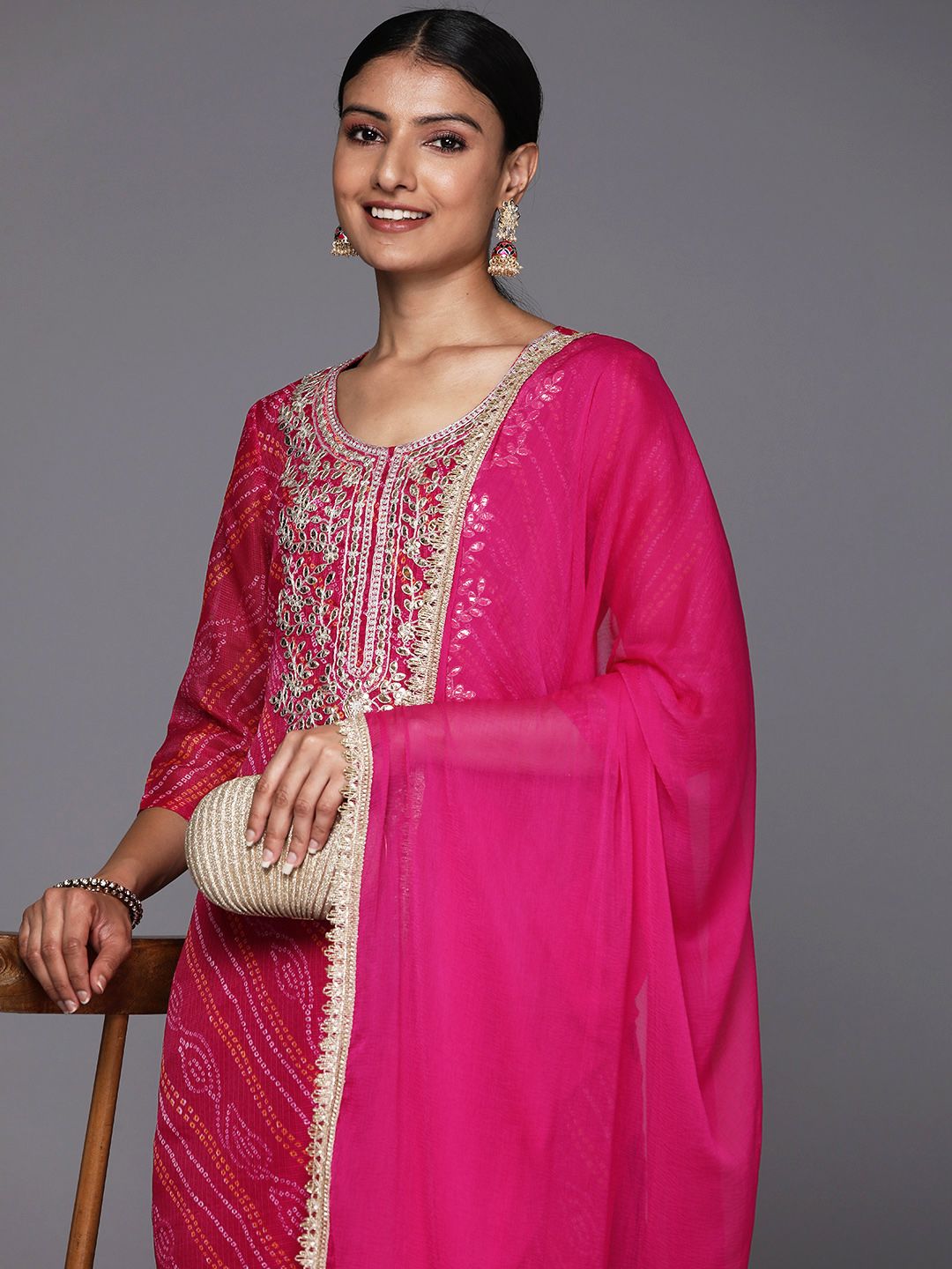 Dhiyona VA Women's Fuchsia Bandhani Printed Regular Gotta Patti Kurta with Trousers & With Dupatta