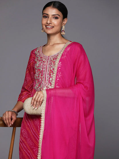 Dhiyona VA Women's Fuchsia Bandhani Printed Regular Gotta Patti Kurta with Trousers & With Dupatta