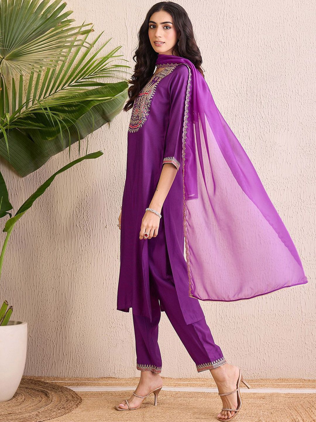 Women Ethnic Motifs Yoke Design Regular Liva Kurta with Trousers & With Dupatta