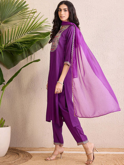 Women Ethnic Motifs Yoke Design Regular Liva Kurta with Trousers & With Dupatta