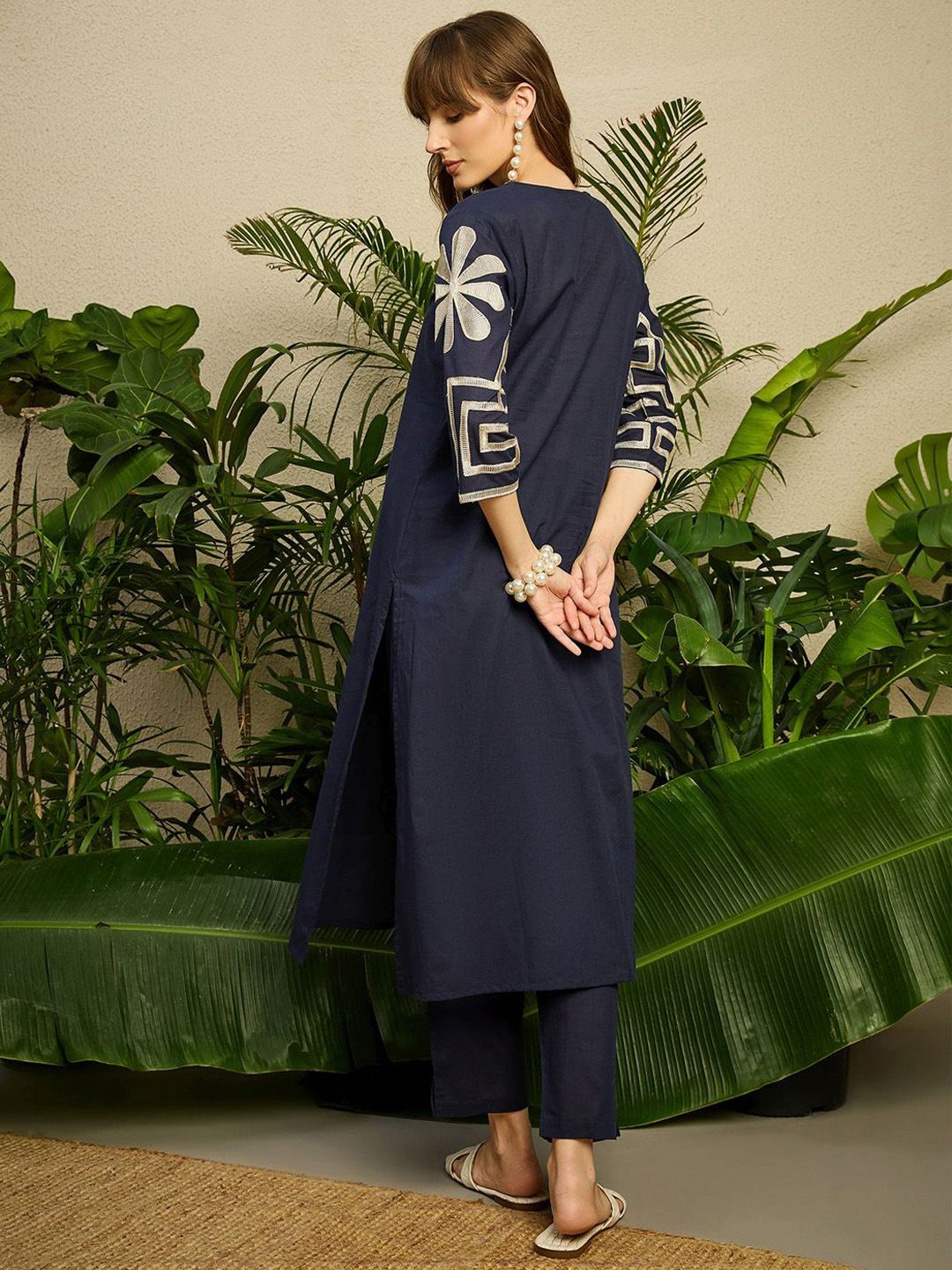 Dhiyona IE Embroidered Pure Cotton V-Neck Top With Trousers