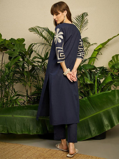 Dhiyona IE Embroidered Pure Cotton V-Neck Top With Trousers