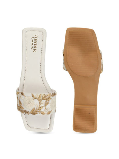 Dhiyona AK White & Gold-Toned Embroidered Open Toe Flats