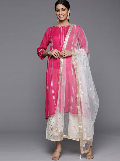 Dhiyona VA Women's Pink Yoke Design Pleated Gotta Patti Cotton Kurta with Palazzos & Dupatta