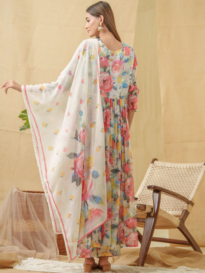 Dhiyona IS Women's V-Neck Floral Printed Angrakha Kurta with Palazzos & Dupatta